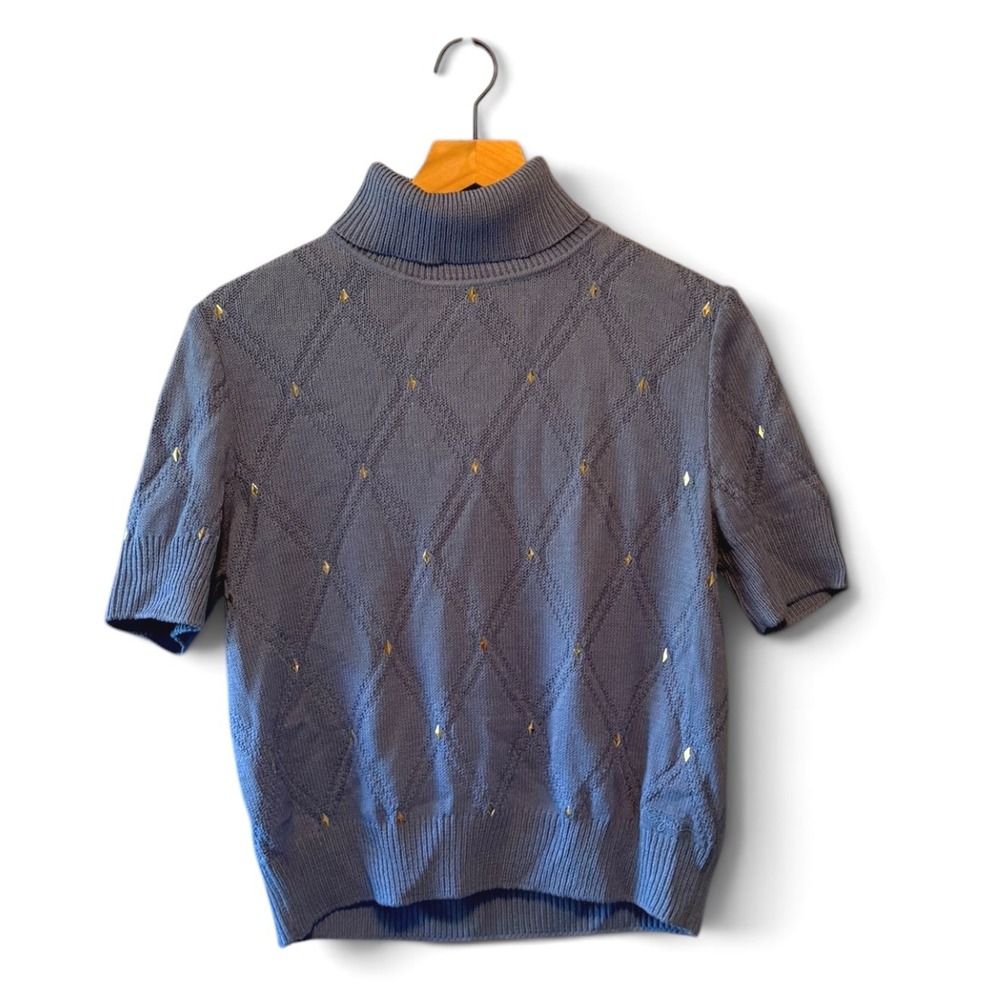 St John Sport Essentials Marie Blue Studded Pointelle Turtleneck Sweater S